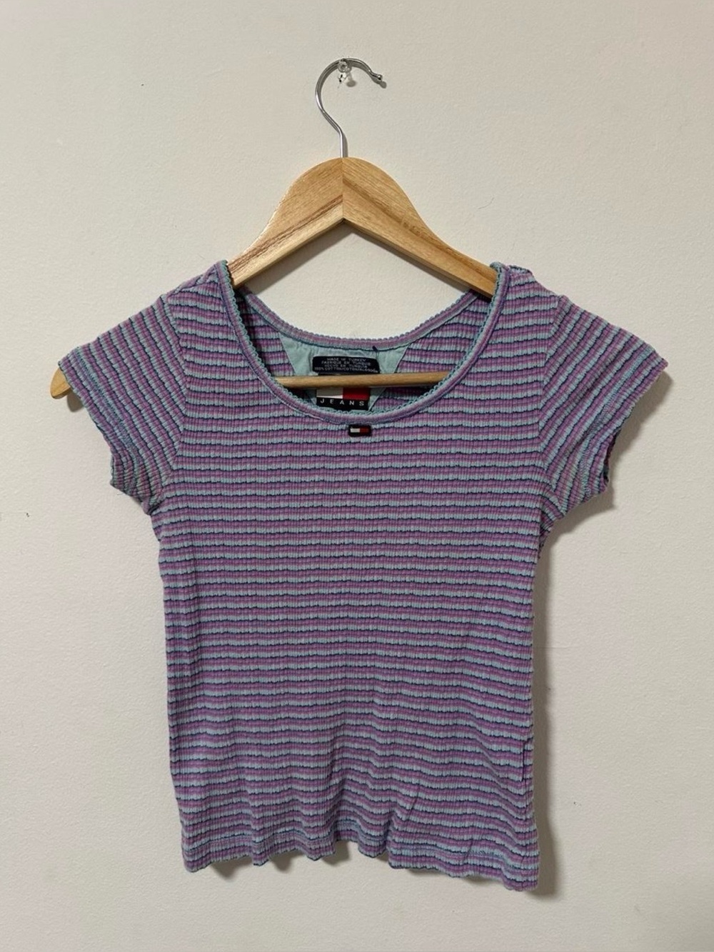 Tommy Hilfiger Lavender and Light Blue Striped Ribbed Cap Sleeve Top